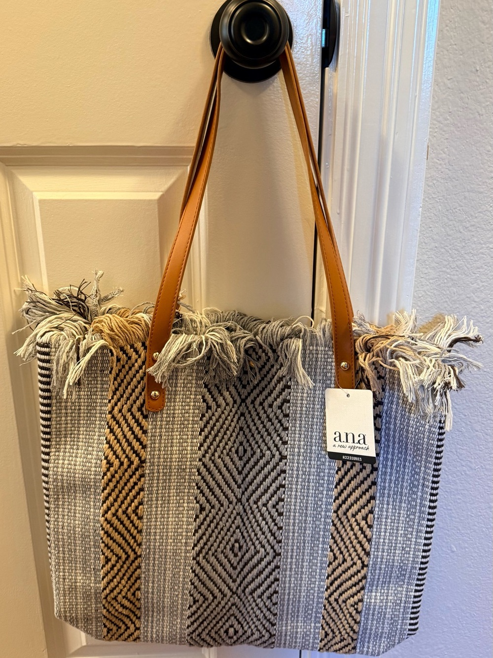 NWT a.n.a Striped Woven Fringe Tote in Tan and Gray